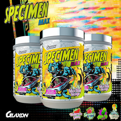 Glaxon Specimen Max High Stim Pre-Workout | 400mg Caffeine + 3200mg Beta Alanine for Maximum Energy, Pump & Focus | 21 Servings (Martian Mango)