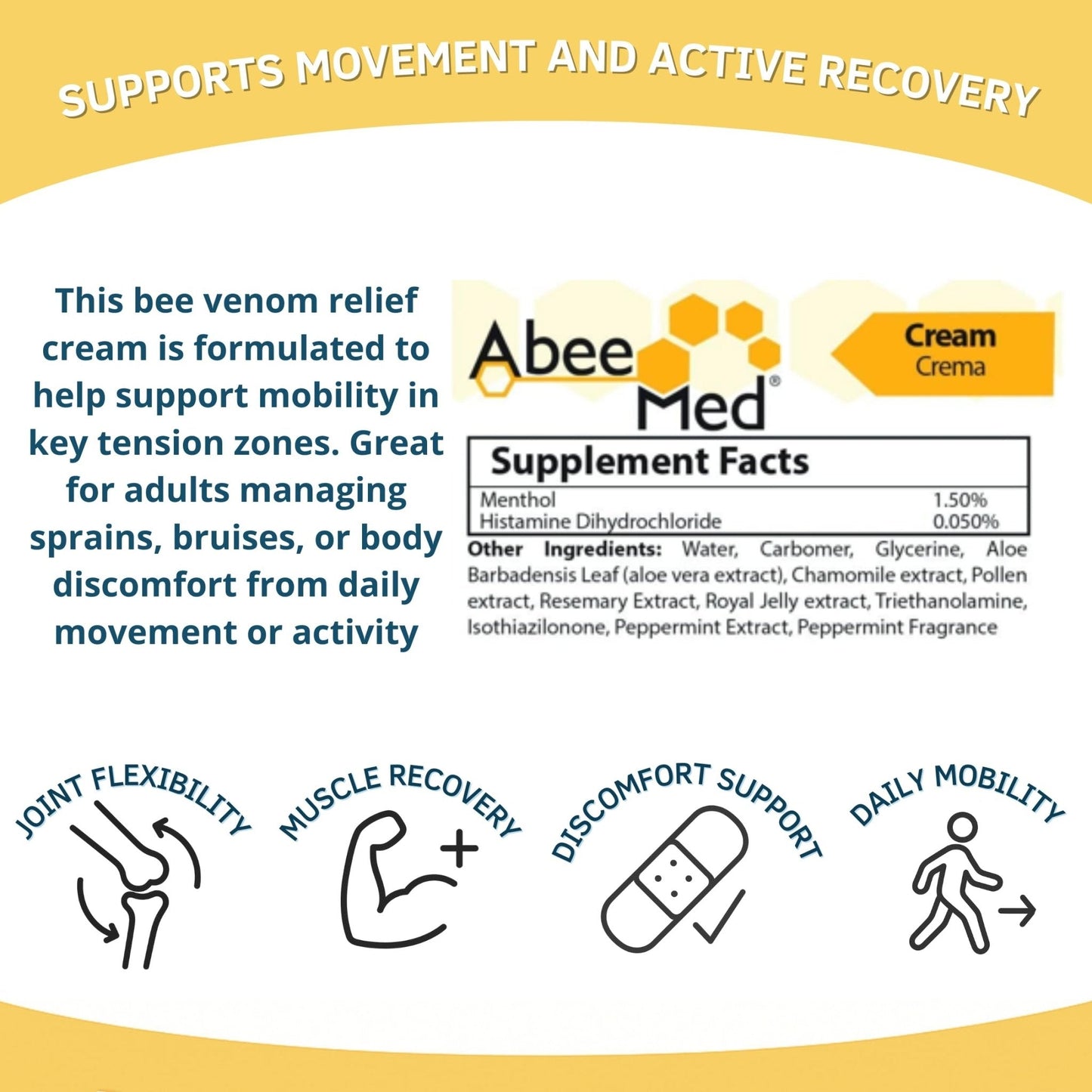 ABEE MED Extra Strength Joint & Muscle Relief Cream – Menthol Cooling & Warming Formula with Bee Pollen, Aloe & Chamomile – Fast-Absorbing Comfort Cream for Back, Knees & Muscles – 2 oz - Maple Wellness Supplements