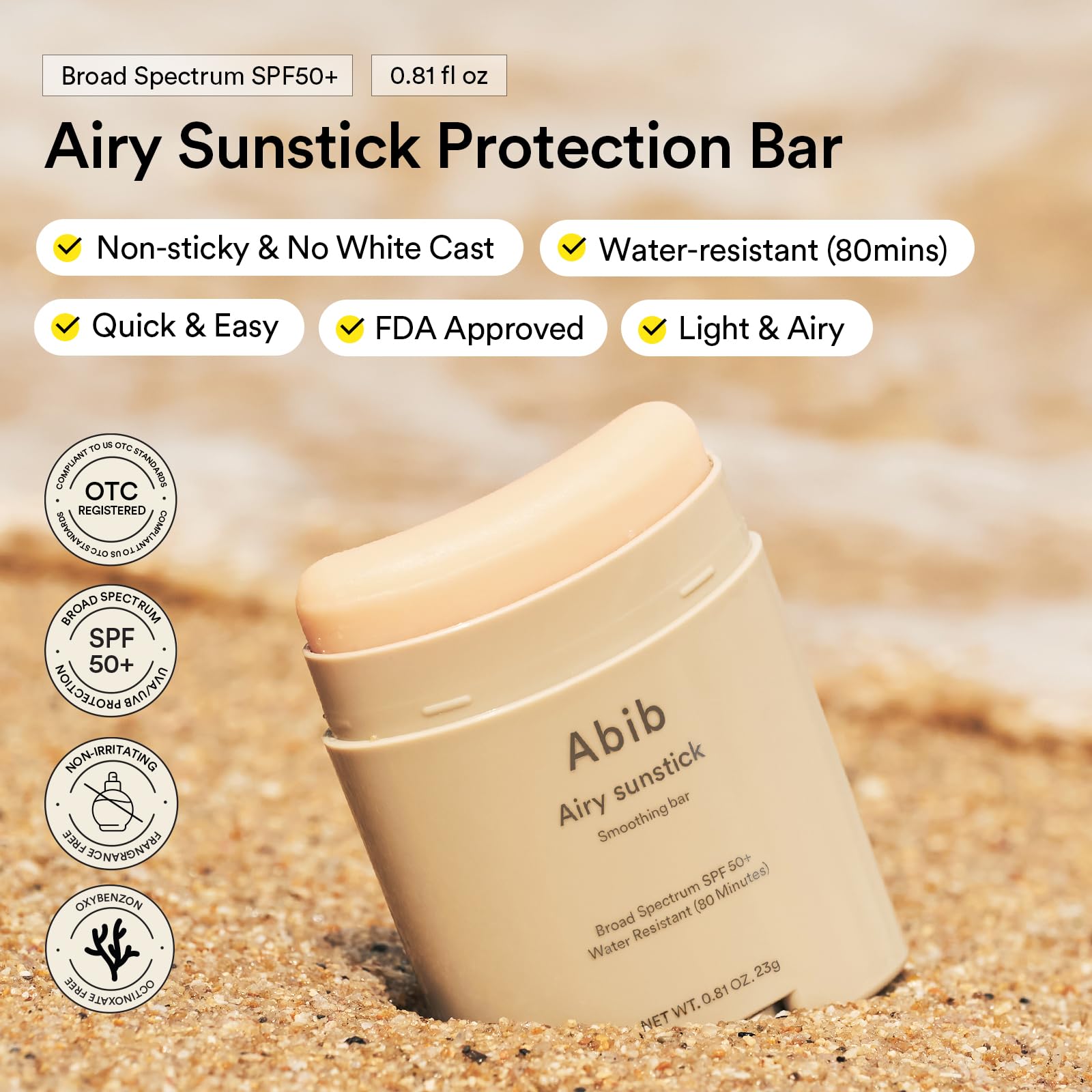 Abib Airy Sunstick Protection Bar SPF50+ Broad Spectrum, Semi-Matte Sunscreen Stick for Oily & Combination Skin - Maple Wellness Supplements