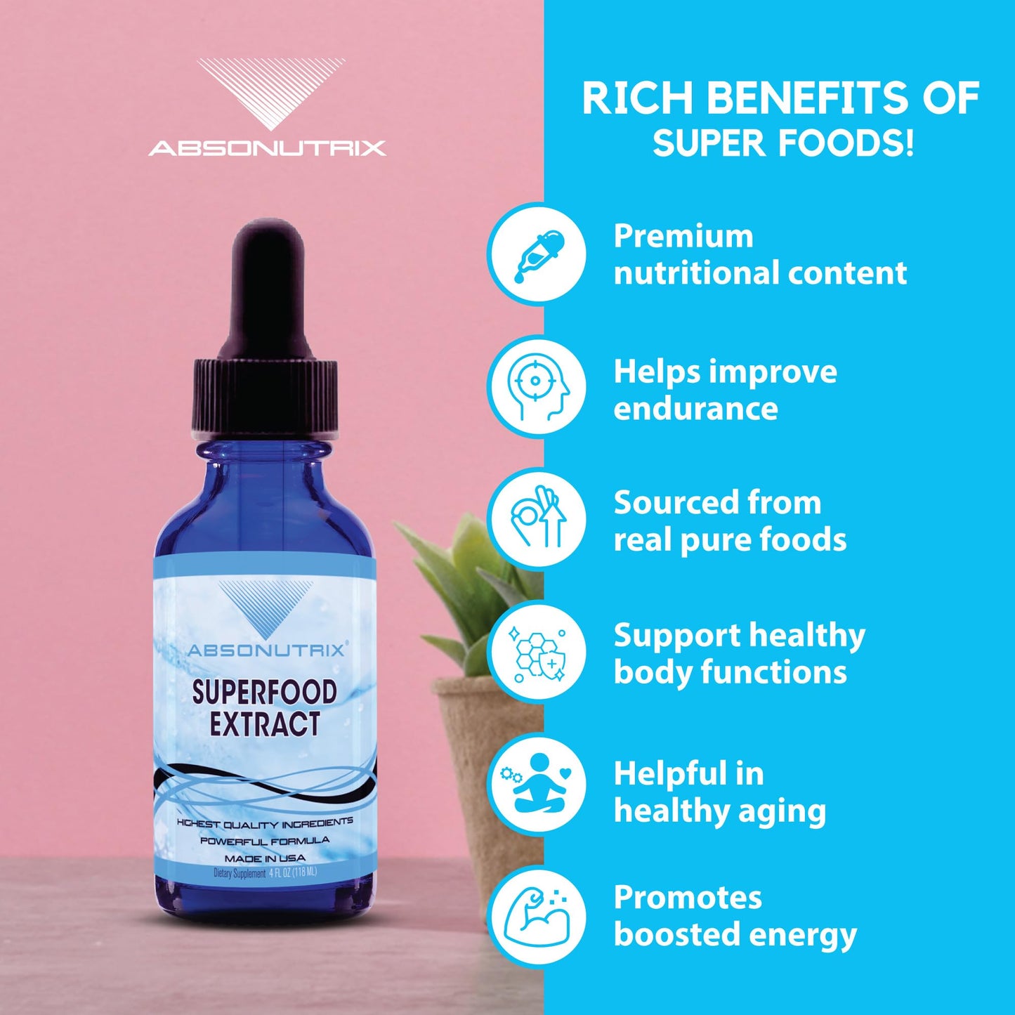 Absonutrix Superfood Extract 390 mg, 4 Oz Liquid, 302 Servings, Made in USA, Quick Absorption, Quality Potent Ingredients, Non-GMO, GMP Certified, Cruelty-Free Products - Maple Wellness Supplements