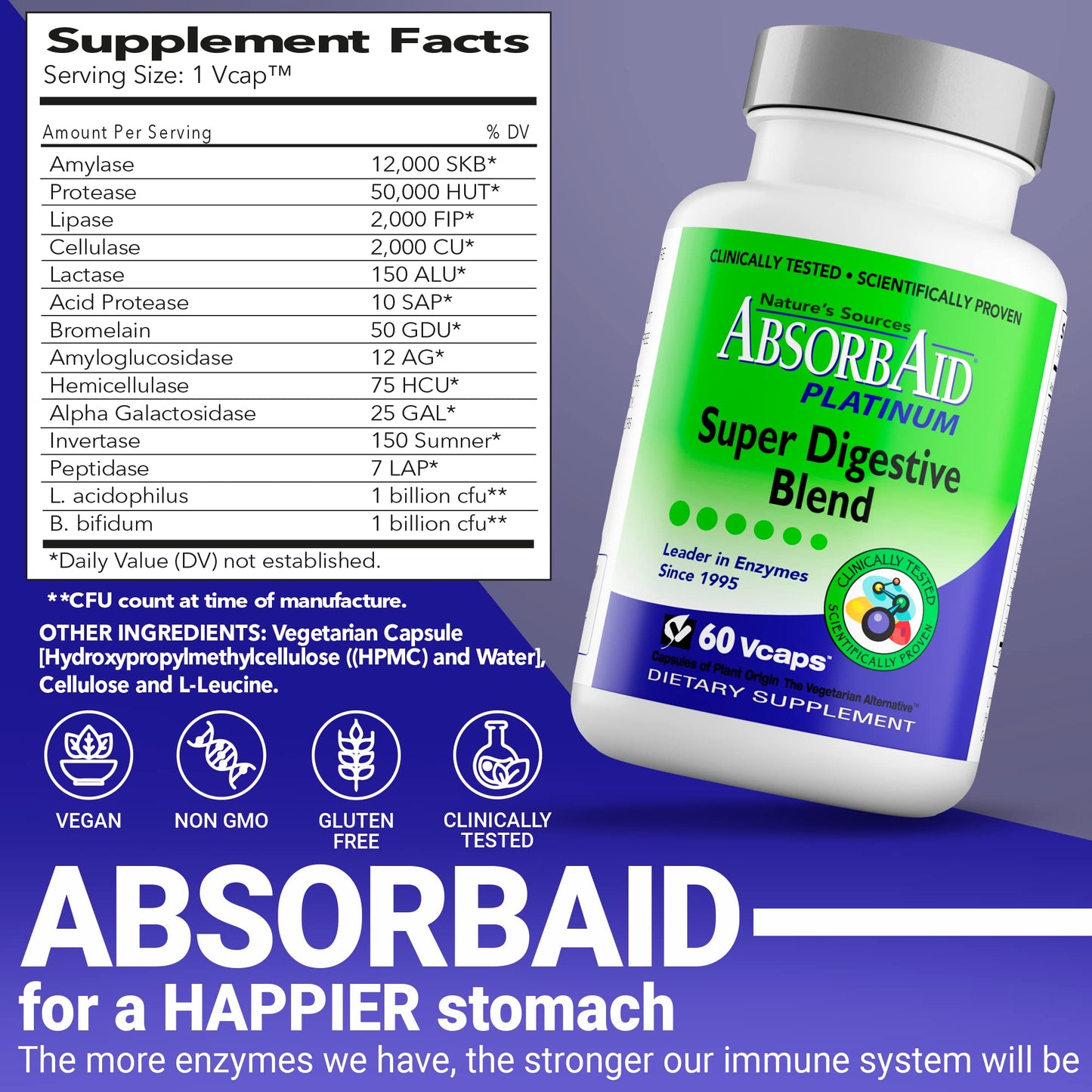 AbsorbAid Platinum Digestive Enzyme Support 60 vCaps, 12 Digestive Enzymes Plus 2 Probiotics for Maximum Relief - Maple Wellness Supplements