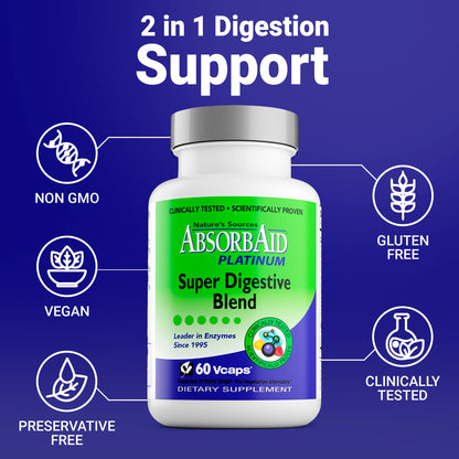AbsorbAid Platinum Digestive Enzyme Support 60 vCaps, 12 Digestive Enzymes Plus 2 Probiotics for Maximum Relief - Maple Wellness Supplements