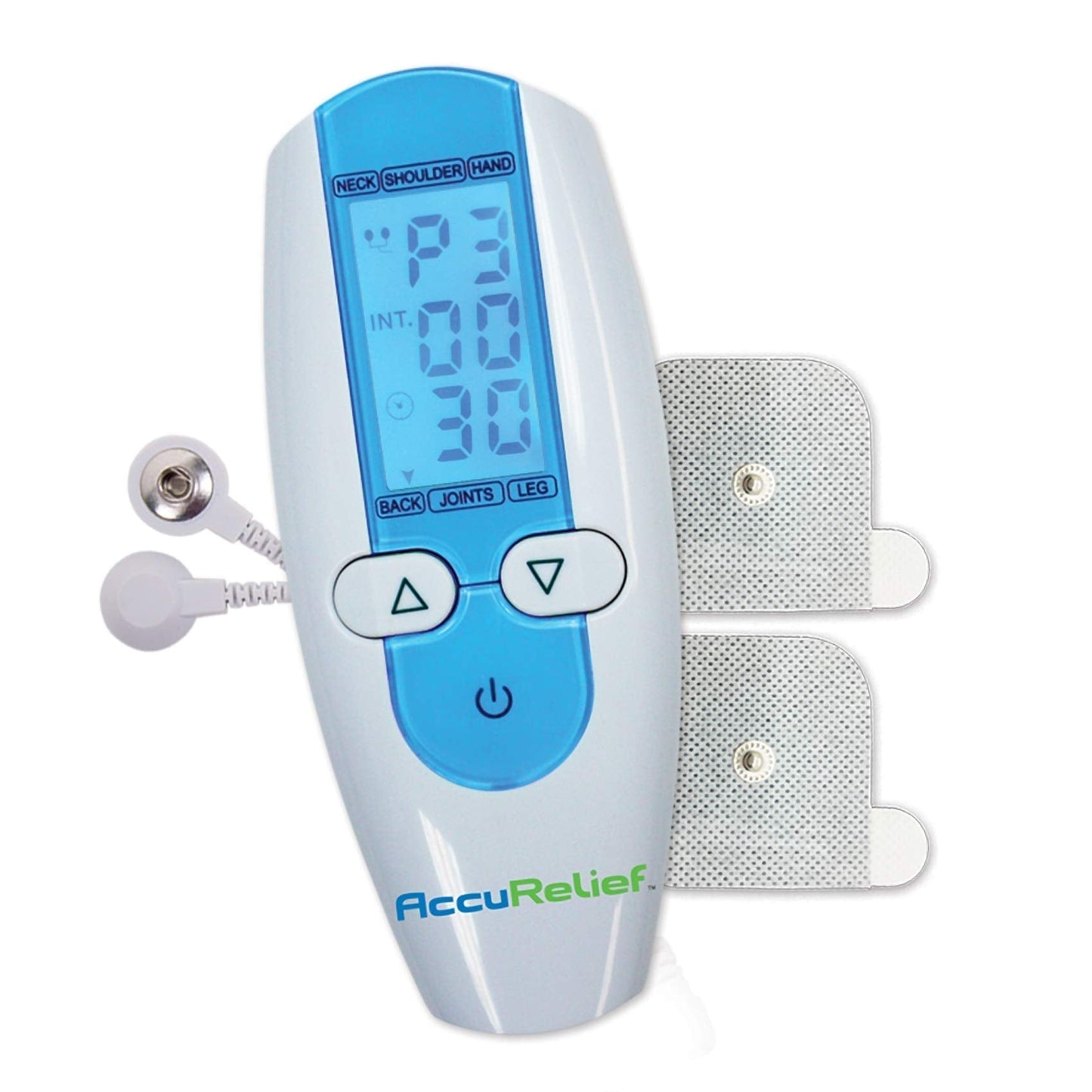 AccuRelief TENS Unit Muscle Stimulater Pain Relief System - Electric Muscle Stimulator with Electrodes for Neck, Back, and Full Body, White and Blue - Maple Wellness Supplements