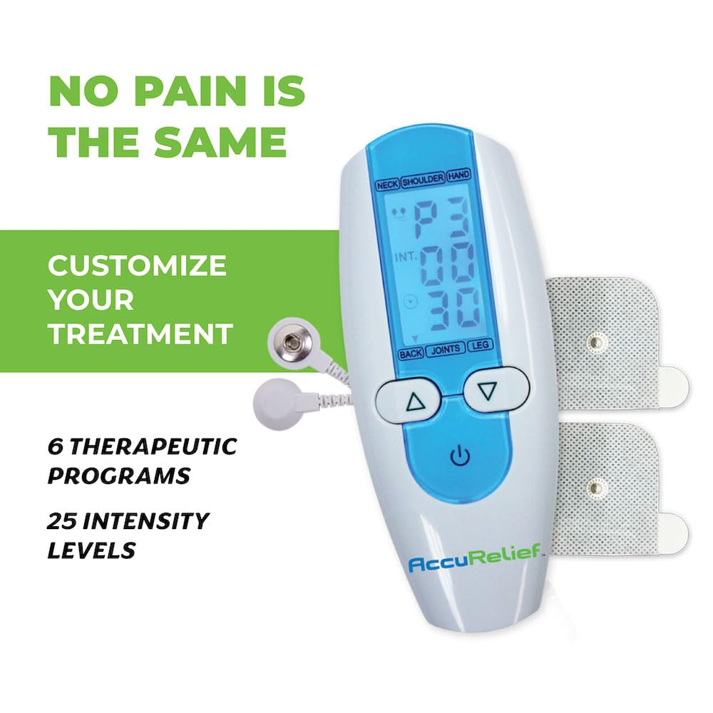 AccuRelief TENS Unit Muscle Stimulater Pain Relief System - Electric Muscle Stimulator with Electrodes for Neck, Back, and Full Body, White and Blue - Maple Wellness Supplements