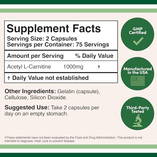 Acetyl L-Carnitine 1,000mg Per Serving, 150 Capsules (ALCAR for Brain Function Support - Maple Wellness Supplements