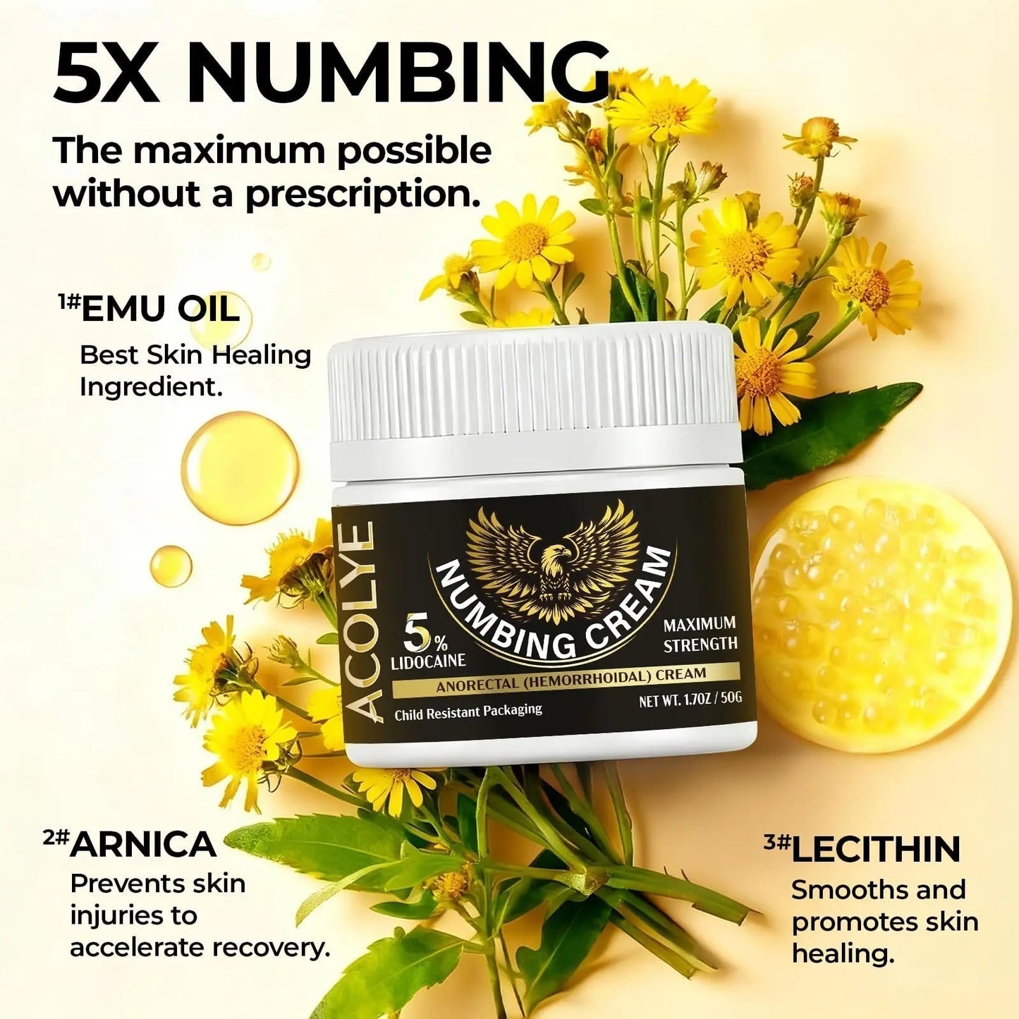 Acolye Numbing Cream Extra Strength: 5% Lidocaine Local Anesthetic- Long Lasting Extra Relief with Menthol Arnica and Emu Oil - Hemorrhoid Cream - Maple Wellness Supplements