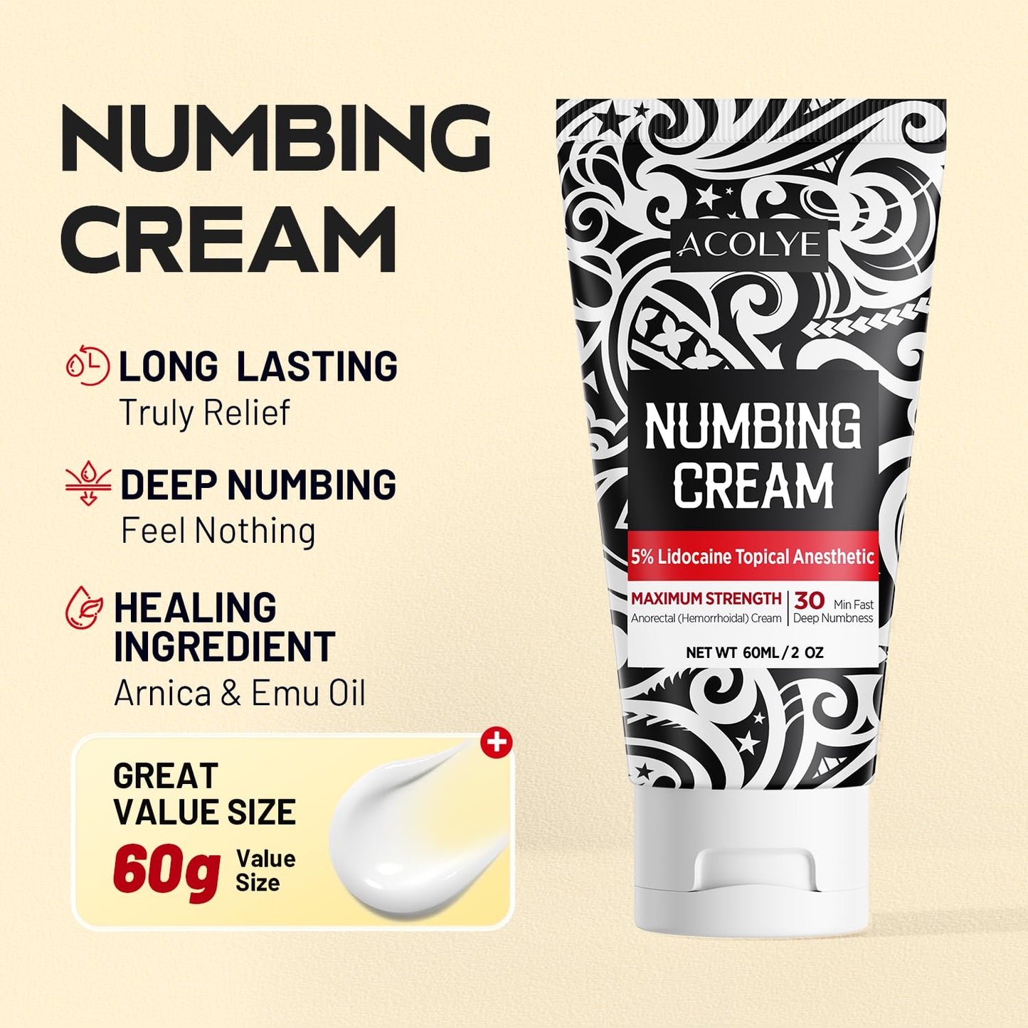 Acolye Numbing Cream Maximum Strength : 5% Lidocaine Topical Anesthetic - Extra Strength 5X Numbing with Menthol Arnica and Emu Oi (2 Fl Oz, Mint Flavor) - Maple Wellness Supplements