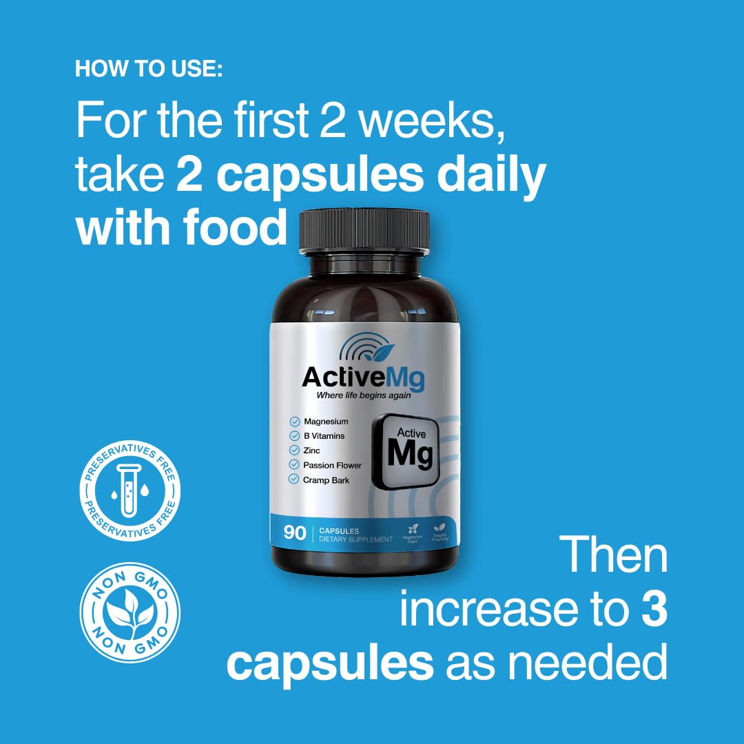 Active Mg Magnesium Supplement – 300mg Elemental Magnesium + Zinc & B Vitamins – Muscle & Nerve Support – 90 Vegan Capsules - Maple Wellness Supplements