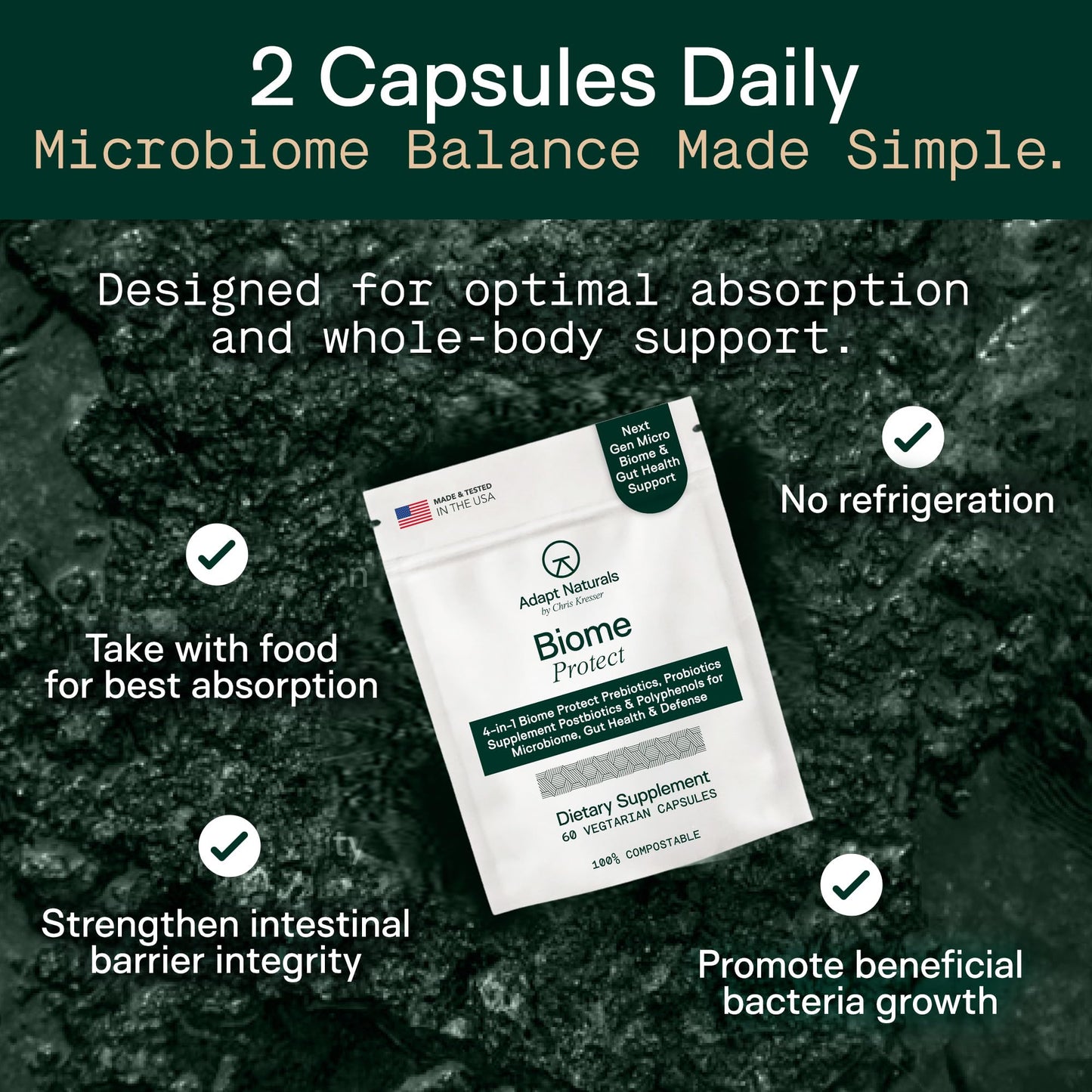 Adapt Naturals 4-in-1 Biome Protect Prebiotics, Probiotics Supplement Postbiotics & Polyphenols for Microbiome, Gut Health & Defense - Maple Wellness Supplements