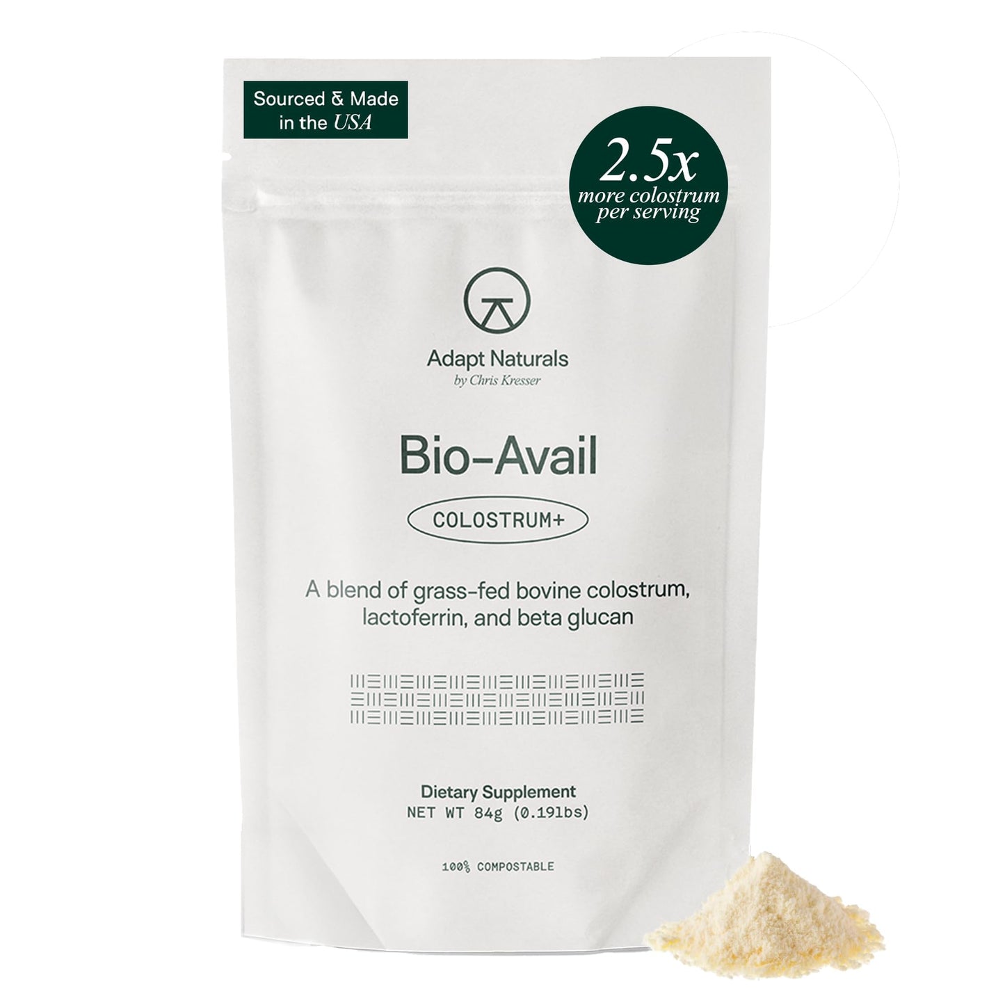 Adapt Naturals Colostrum Supplement with Lactoferrin & Beta-Glucan, Bio-Avail Grass Fed Bovine Colostrum Powder for Gut Health, Immune Support & Vitality | Non-GMO, 2500mg, Unflavored - 30 Days Supply - Maple Wellness Supplements