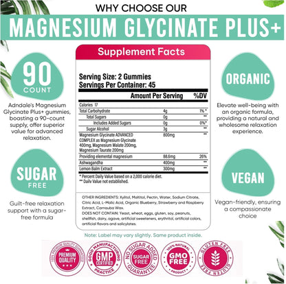 Adndale 180 CT Magnesium Glycinate Gummies 400 mg/Serv with Ashwagandha, Magnesium Malate & Taurate - Maple Wellness Supplements