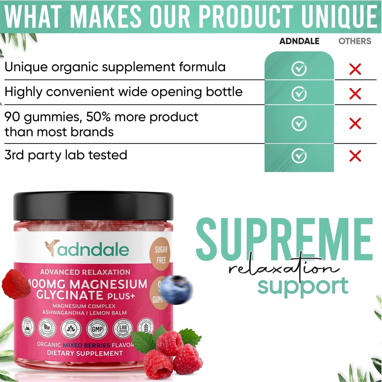 Adndale 180 CT Magnesium Glycinate Gummies 400 mg/Serv with Ashwagandha, Magnesium Malate & Taurate - Maple Wellness Supplements