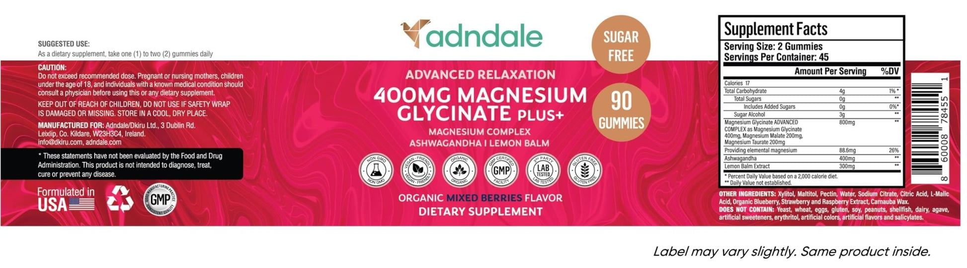 Adndale 180 CT Magnesium Glycinate Gummies 400 mg/Serv with Ashwagandha, Magnesium Malate & Taurate - Maple Wellness Supplements