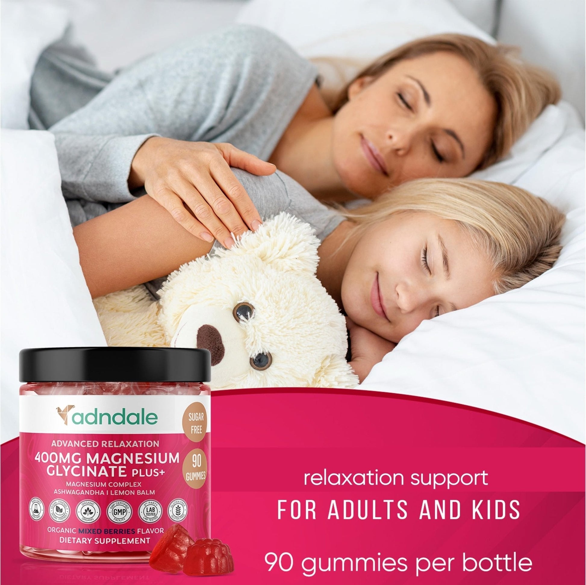 Adndale 180 CT Magnesium Glycinate Gummies 400 mg/Serv with Ashwagandha, Magnesium Malate & Taurate - Maple Wellness Supplements