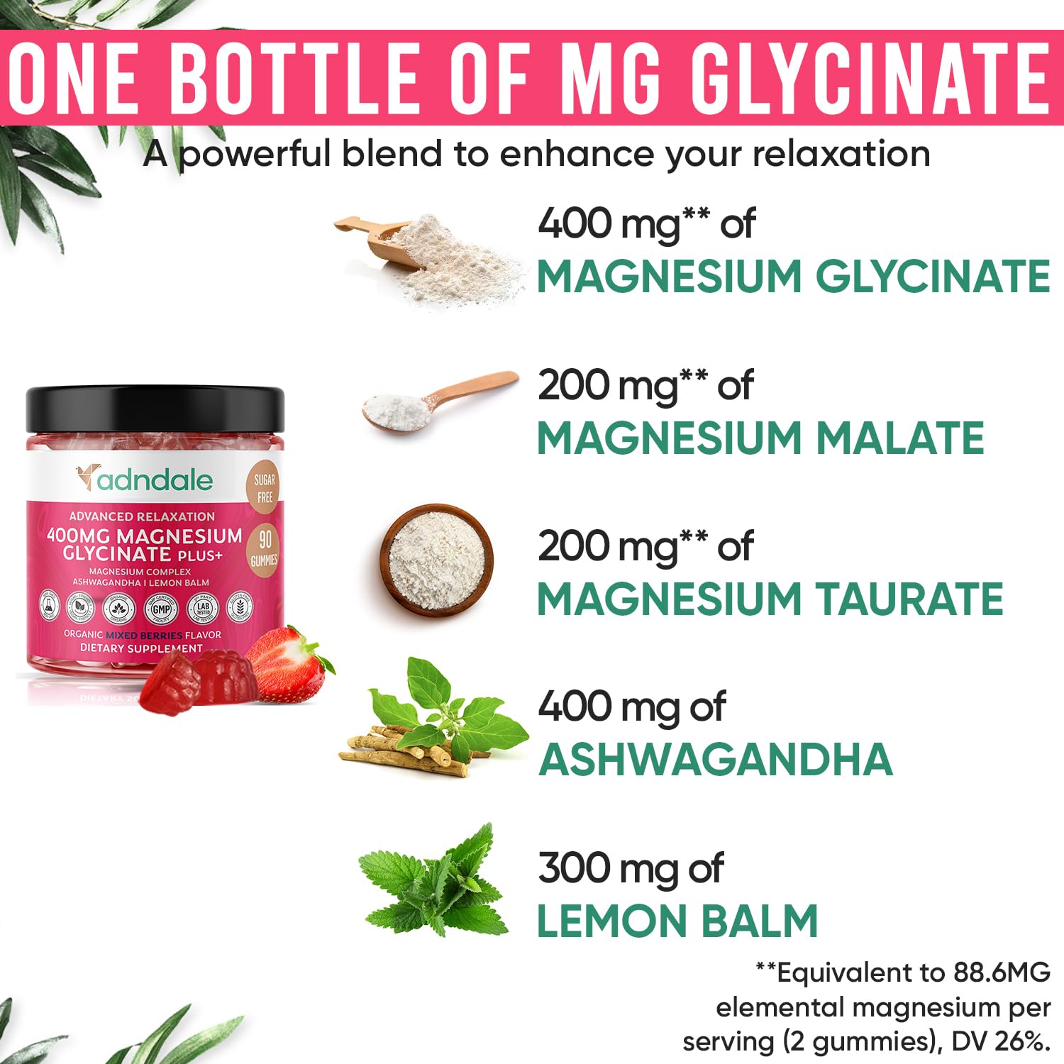 Adndale 180 CT Magnesium Glycinate Gummies 400 mg/Serv with Ashwagandha, Magnesium Malate & Taurate - Maple Wellness Supplements