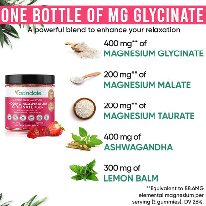 Adndale 180 CT Magnesium Glycinate Gummies 400 mg/Serv with Ashwagandha, Magnesium Malate & Taurate - Maple Wellness Supplements