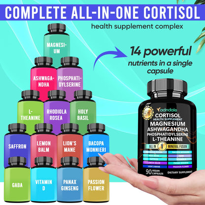 Adndale Cortisol Supplements for Women. Cortisol Reducer 14-in-1 Ashwagandha Supplement with Magnesium Glycinate, L-Theanine & More. 90 Capsules. - Maple Wellness Supplements
