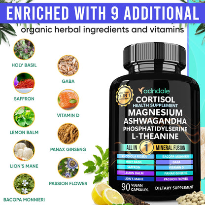 Adndale Cortisol Supplements for Women. Cortisol Reducer 14-in-1 Ashwagandha Supplement with Magnesium Glycinate, L-Theanine & More. 90 Capsules. - Maple Wellness Supplements
