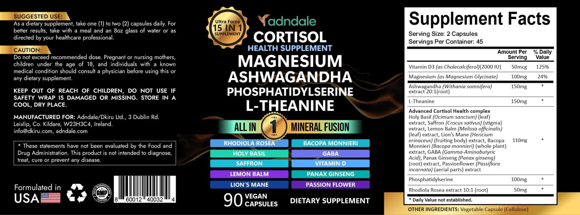 Adndale Cortisol Supplements for Women. Cortisol Reducer 14-in-1 Ashwagandha Supplement with Magnesium Glycinate, L-Theanine & More. 90 Capsules. - Maple Wellness Supplements