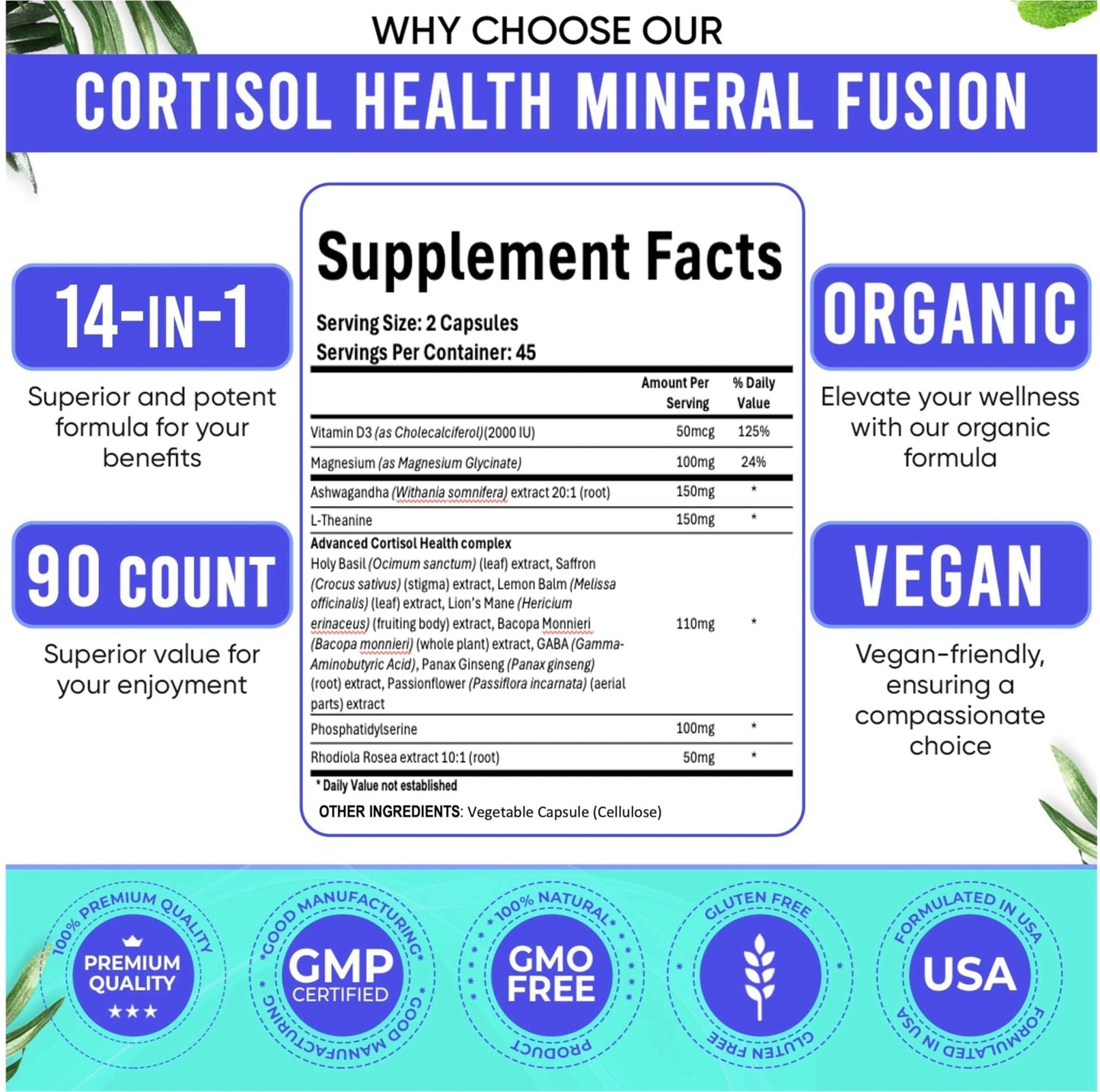 Adndale Cortisol Supplements for Women. Cortisol Reducer 14-in-1 Ashwagandha Supplement with Magnesium Glycinate, L-Theanine & More. 90 Capsules. - Maple Wellness Supplements