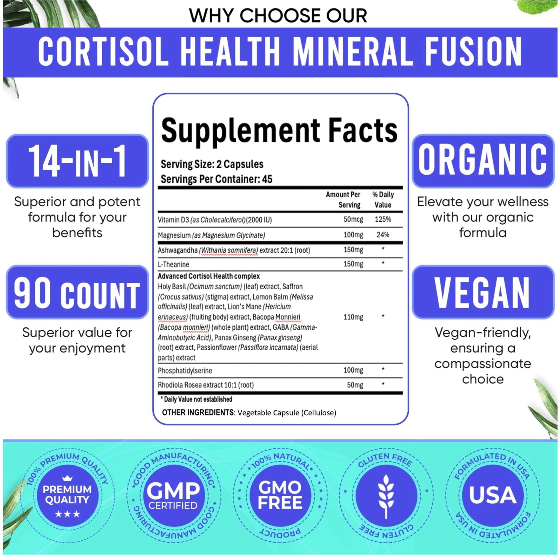 Adndale Cortisol Supplements for Women. Cortisol Reducer 14-in-1 Ashwagandha Supplement with Magnesium Glycinate, L-Theanine & More. 90 Capsules. - Maple Wellness Supplements