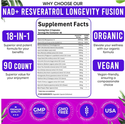 Adndale Liposomal NAD Supplement. Longevity Formula NMN Supplement Alternative. 90CT Advanced NAD+ Resveratrol - Maple Wellness Supplements