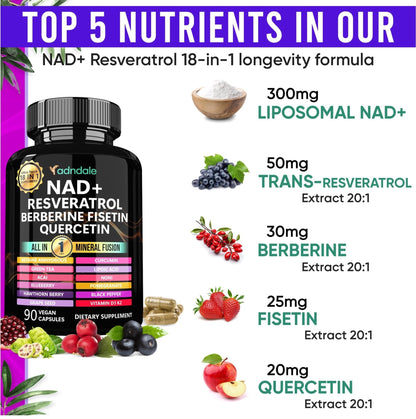 Adndale Liposomal NAD Supplement. Longevity Formula NMN Supplement Alternative. 90CT Advanced NAD+ Resveratrol - Maple Wellness Supplements