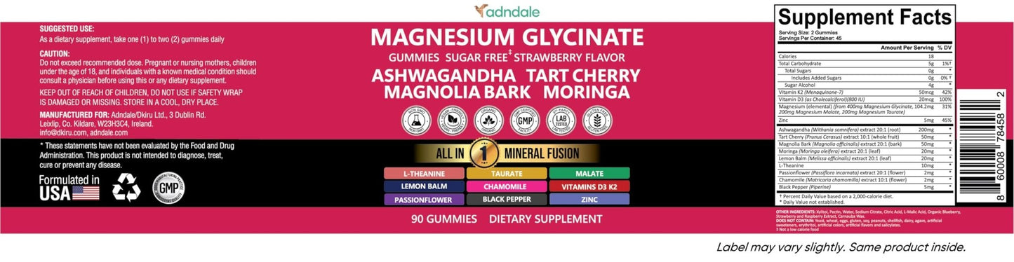 Adndale Magnesium Glycinate 400 mg Gummies with Ashwagandha, Magnesium Malate & Taurate, Tart Cherry, Magnolia Bark, Lemon Balm, Passionflower - Maple Wellness Supplements
