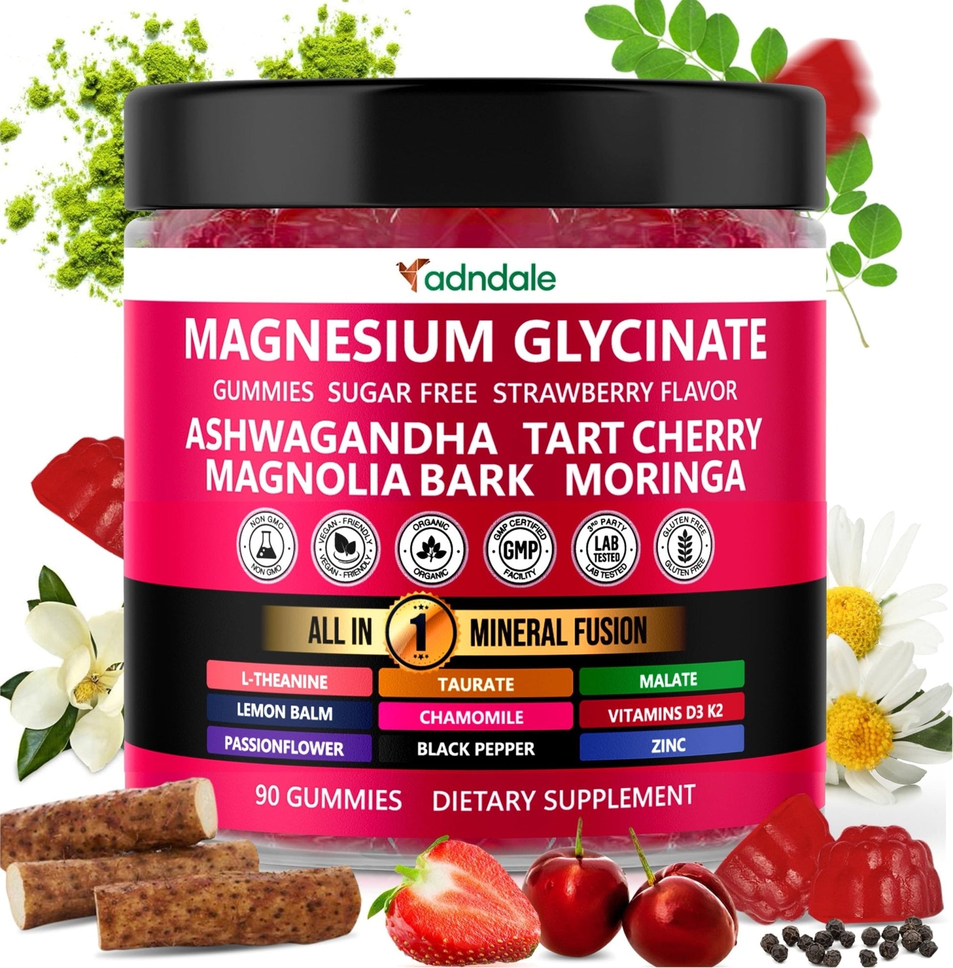 Adndale Magnesium Glycinate 400 mg Gummies with Ashwagandha, Magnesium Malate & Taurate, Tart Cherry, Magnolia Bark, Lemon Balm, Passionflower - Maple Wellness Supplements