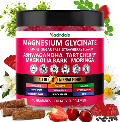 Adndale Magnesium Glycinate 400 mg Gummies with Ashwagandha, Magnesium Malate & Taurate, Tart Cherry, Magnolia Bark, Lemon Balm, Passionflower - Maple Wellness Supplements
