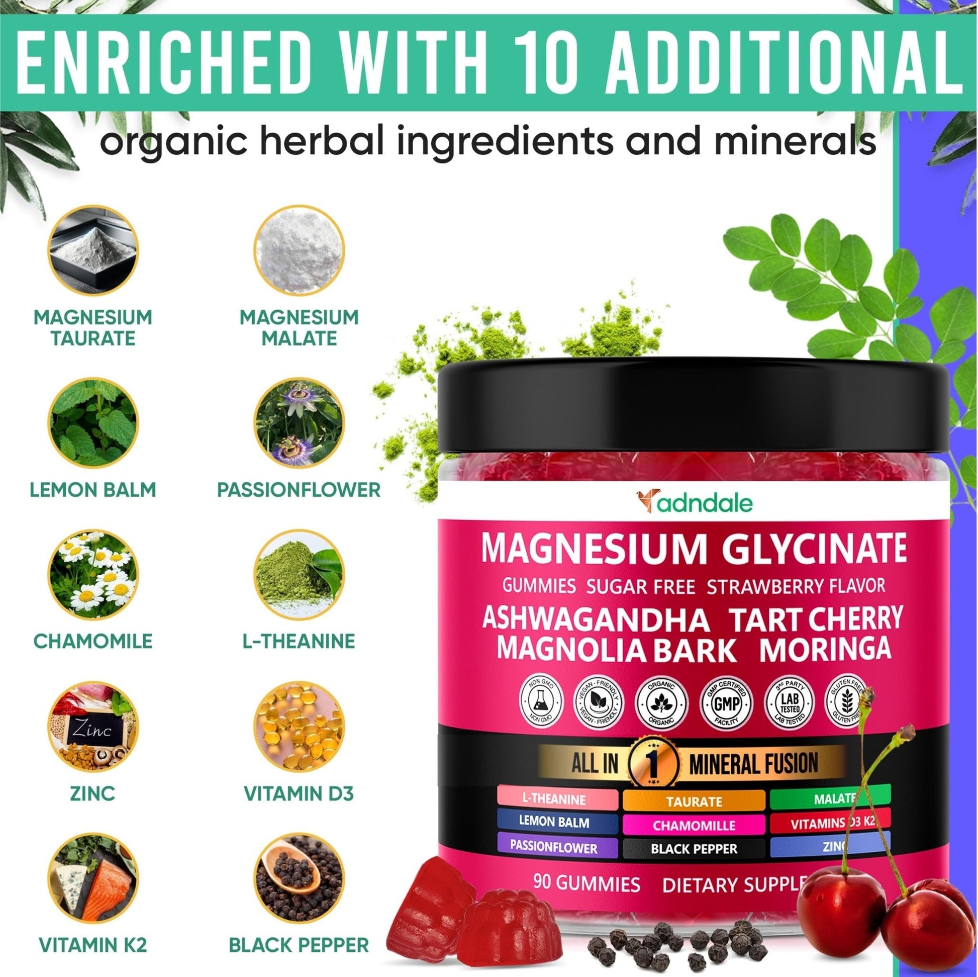 Adndale Magnesium Glycinate 400 mg Gummies with Ashwagandha, Magnesium Malate & Taurate, Tart Cherry, Magnolia Bark, Lemon Balm, Passionflower - Maple Wellness Supplements