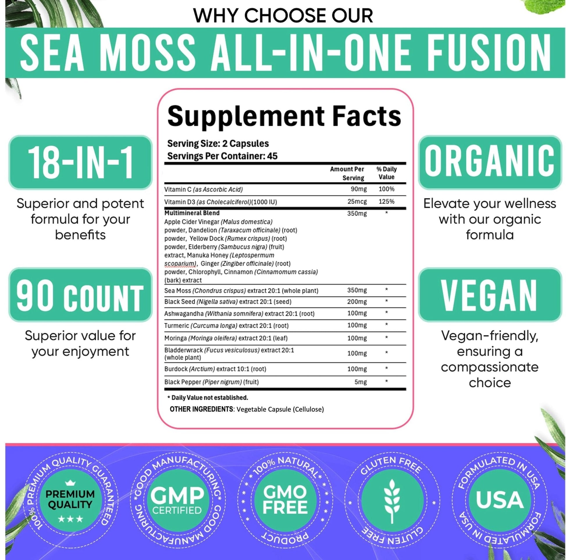 Adndale Sea Moss Capsules - Sea Moss Blend with Ashwagandha, Turmeric- 90 Count - Maple Wellness Supplements