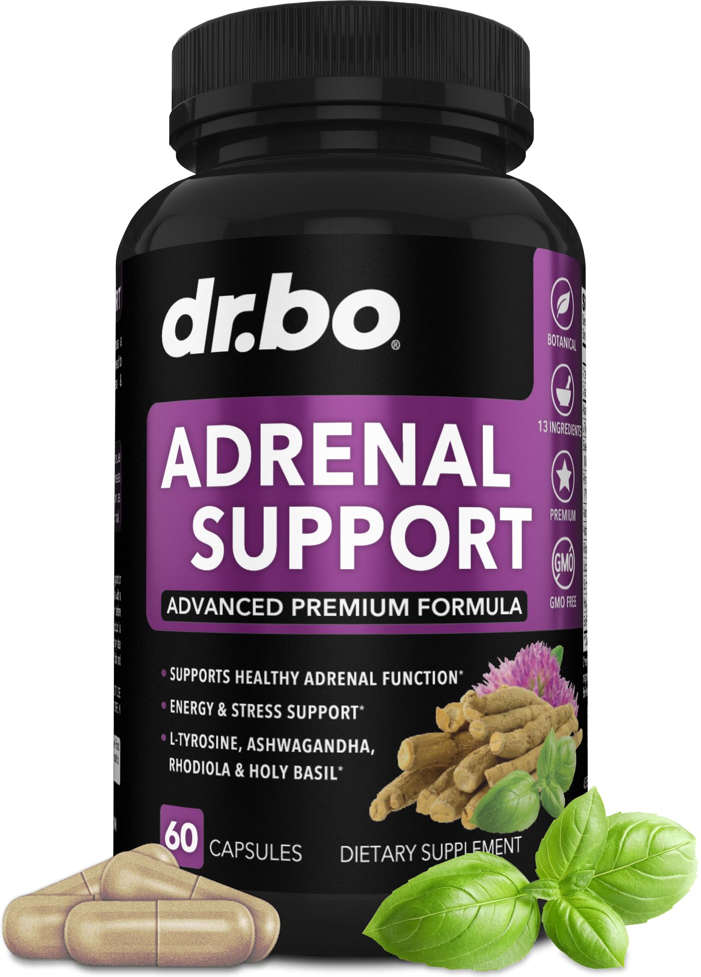 Adrenal Support Cortisol Manager Supplement - Adrenal Fatigue Supplements for Women & Men with Natural Adaptogen Ashwagandha Holy Basil Rhodiola L Tyrosine Complex Fatigue Cortisol Health - 60 Pills - Maple Wellness Supplements