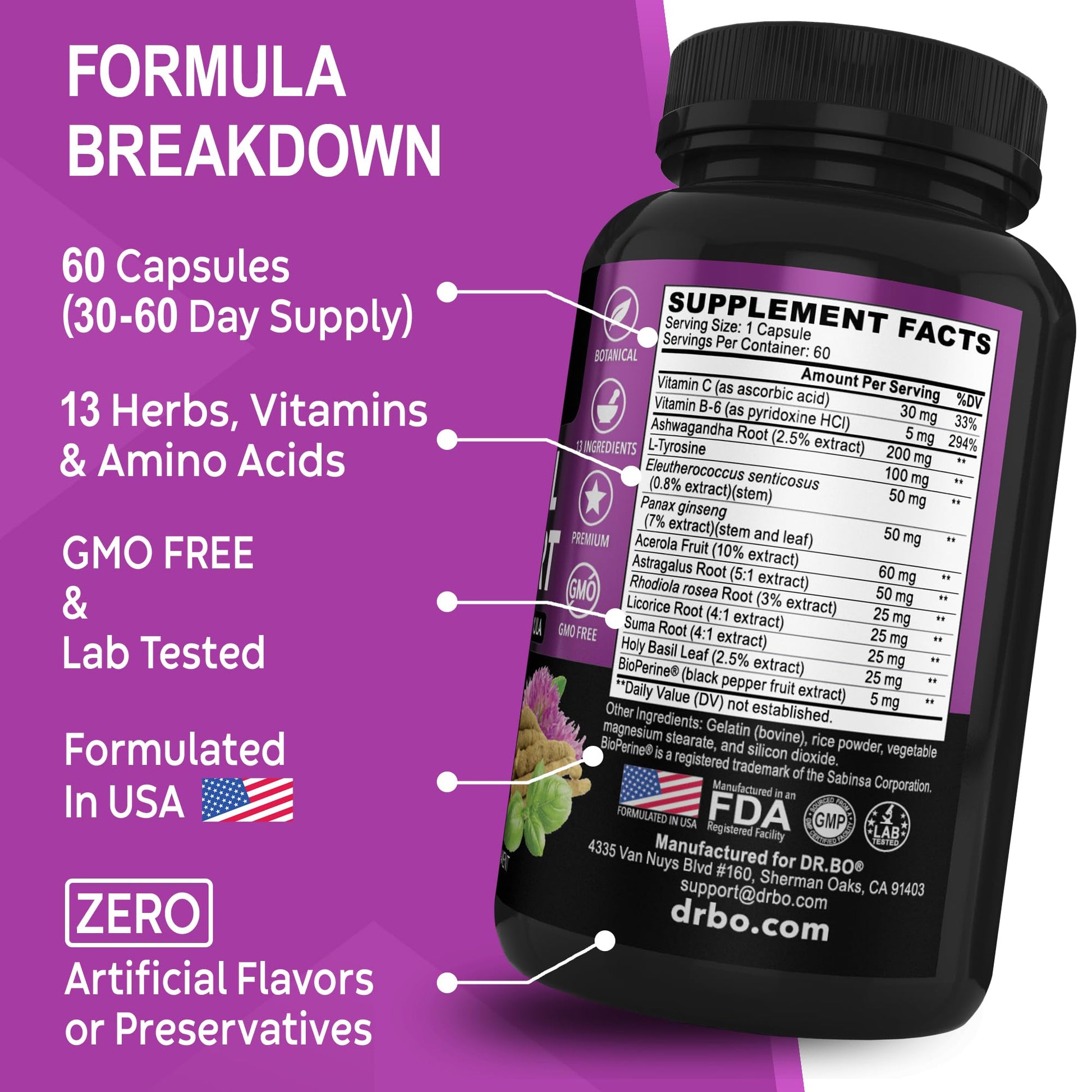 Adrenal Support Cortisol Manager Supplement - Adrenal Fatigue Supplements for Women & Men with Natural Adaptogen Ashwagandha Holy Basil Rhodiola L Tyrosine Complex Fatigue Cortisol Health - 60 Pills - Maple Wellness Supplements
