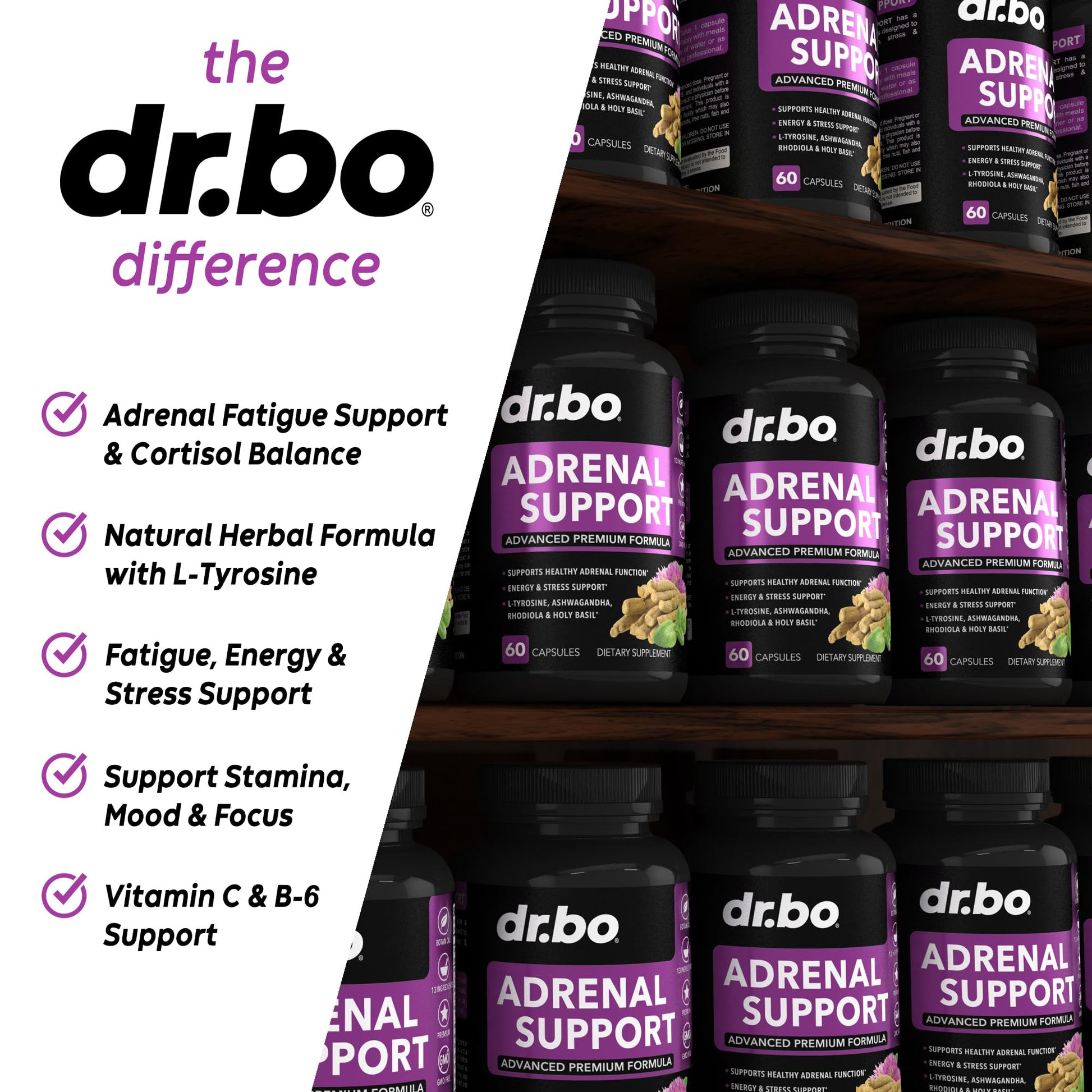 Adrenal Support Cortisol Manager Supplement - Adrenal Fatigue Supplements for Women & Men with Natural Adaptogen Ashwagandha Holy Basil Rhodiola L Tyrosine Complex Fatigue Cortisol Health - 60 Pills - Maple Wellness Supplements