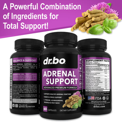 Adrenal Support Cortisol Manager Supplement - Adrenal Fatigue Supplements for Women & Men with Natural Adaptogen Ashwagandha Holy Basil Rhodiola L Tyrosine Complex Fatigue Cortisol Health - 60 Pills - Maple Wellness Supplements