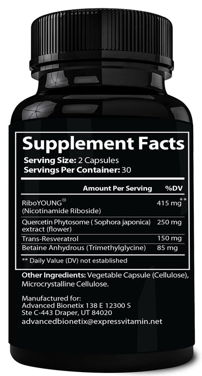 Advanced Bionetix NAD Supplement with Nicotinamide Riboside Plus Resveratrol, Quercetin, Betaine w/RiboYOUNG™ for True Anti Aging - Maple Wellness Supplements