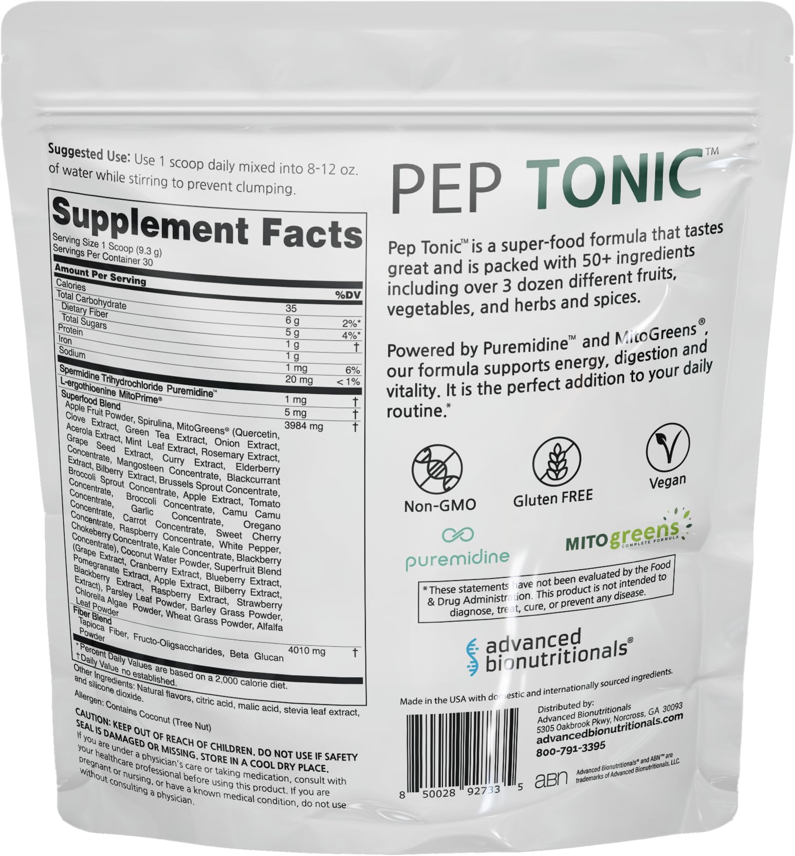Advanced Bionutritionals Pep Tonic Powdered Superfood Formula 50 Fruits, Vegetables, Herbs, and Superfoods - Vegan, Vegetarian - 9.84 OZ - 279 g - Maple Wellness Supplements