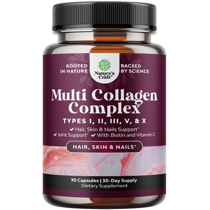 Advanced Multi Collagen Complex - Ageless Multi Collagen Peptides Supplements with Type 1 2 3 5 & X & Biotin for Hair, Skin and Nails Vitamins - Biotin Supplements for Women & Men - 90 Count - Maple Wellness Supplements