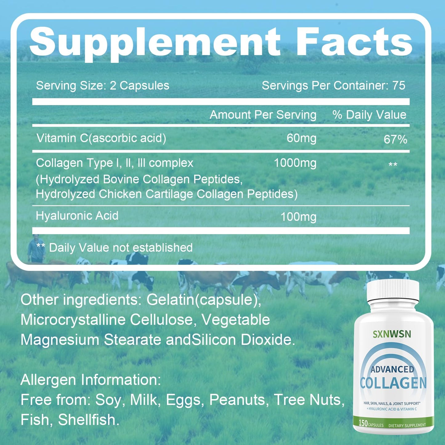Advanced Multi Collagen Supplement with Vitamin C + Hyaluronic Acid - Hydrolyzed Collagen Peptides Supports for Skin, Joints & Hair* | Collagen Complex 150 Capsules for Women or Men - Maple Wellness Supplements