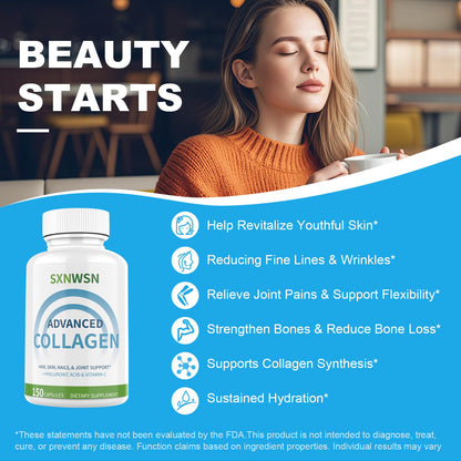 Advanced Multi Collagen Supplement with Vitamin C + Hyaluronic Acid - Hydrolyzed Collagen Peptides Supports for Skin, Joints & Hair* | Collagen Complex 150 Capsules for Women or Men - Maple Wellness Supplements