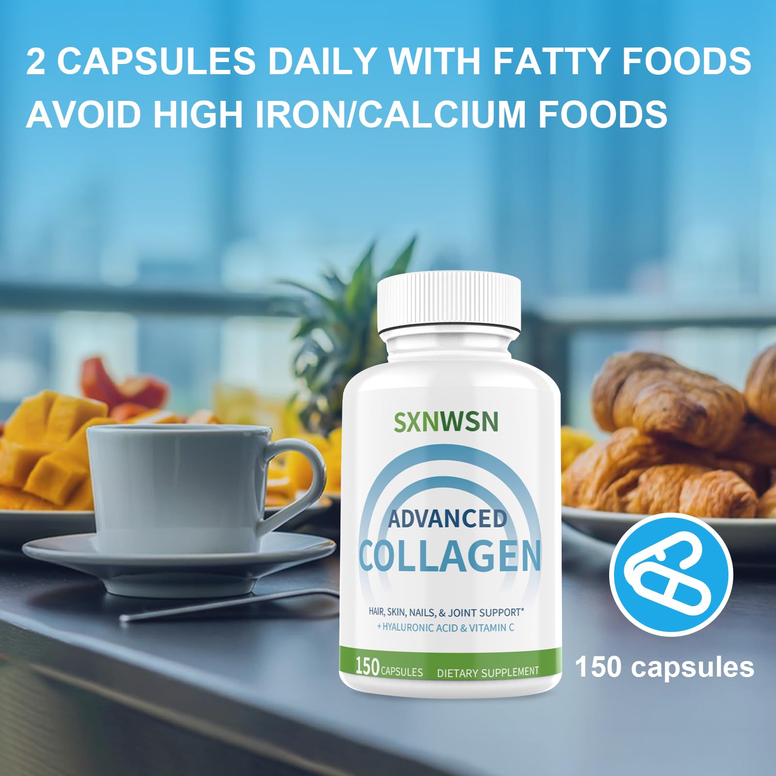 Advanced Multi Collagen Supplement with Vitamin C + Hyaluronic Acid - Hydrolyzed Collagen Peptides Supports for Skin, Joints & Hair* | Collagen Complex 150 Capsules for Women or Men - Maple Wellness Supplements