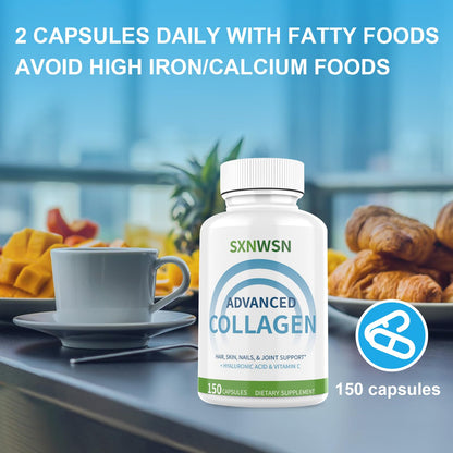 Advanced Multi Collagen Supplement with Vitamin C + Hyaluronic Acid - Hydrolyzed Collagen Peptides Supports for Skin, Joints & Hair* | Collagen Complex 150 Capsules for Women or Men - Maple Wellness Supplements