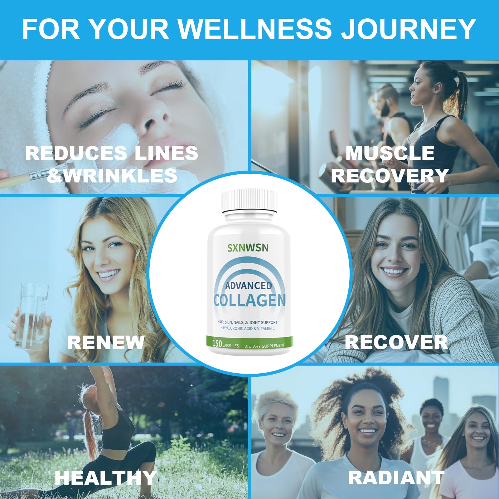 Advanced Multi Collagen Supplement with Vitamin C + Hyaluronic Acid - Hydrolyzed Collagen Peptides Supports for Skin, Joints & Hair* | Collagen Complex 150 Capsules for Women or Men - Maple Wellness Supplements