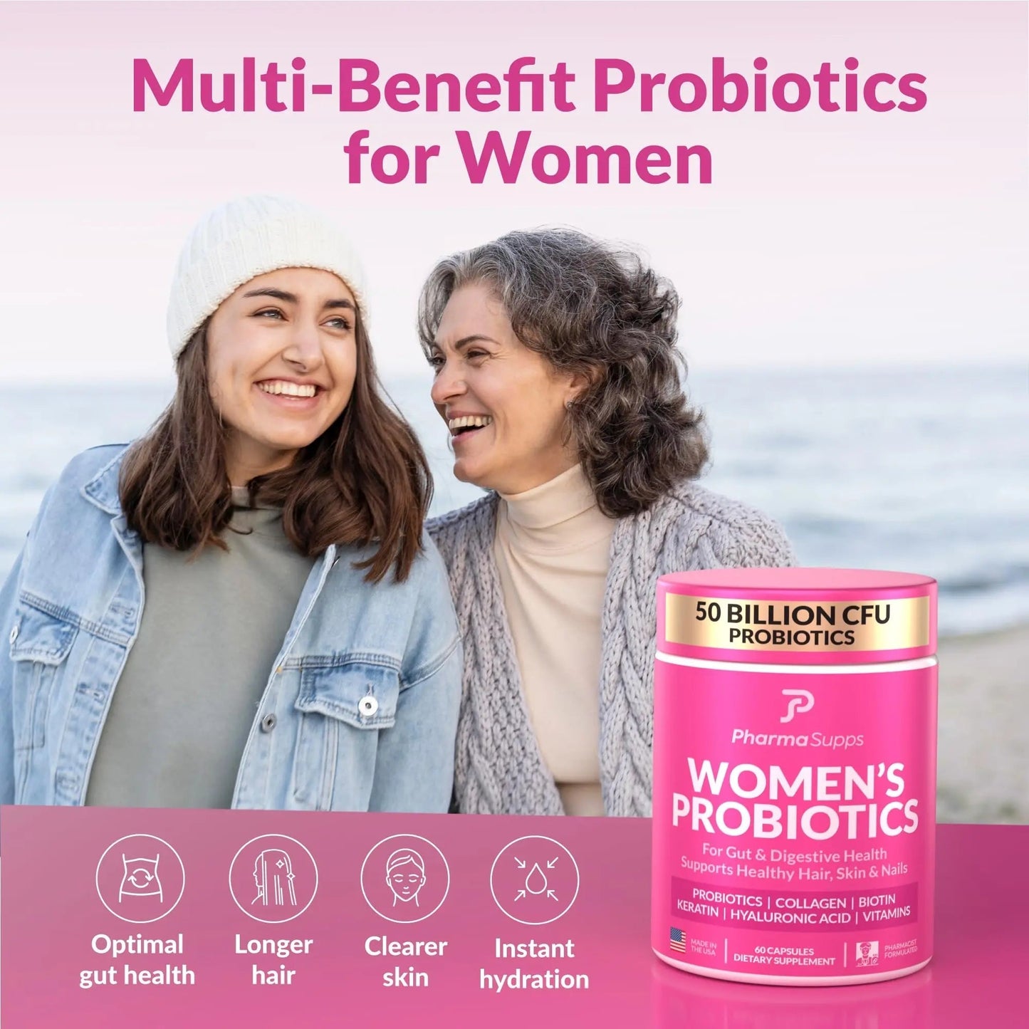 ADVANCED Women's Probiotics for Gut Health - Hair, Skin, & Nails Vitamins Support - 50 Billion CFU w/ Collagen, Biotin & Keratin - Probiotic Supplement for Digestive Health & Bloating Relief, USA-Made - Maple Wellness Supplements