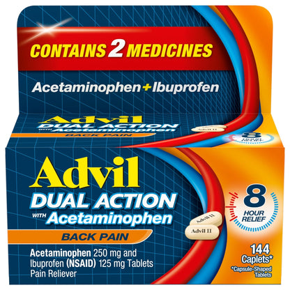 Advil Dual Action Back Pain Caplets Delivers 125mg Ibuprofen and 250mg Acetaminophen Per Dose for 8 Hours of Back Pain Relief - 144 Count - Maple Wellness Supplements
