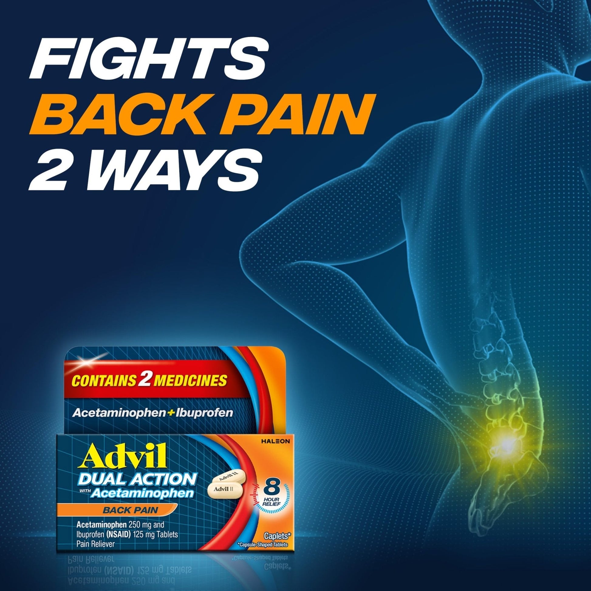 Advil Dual Action Back Pain Caplets Delivers 125mg Ibuprofen and 250mg Acetaminophen Per Dose for 8 Hours of Back Pain Relief - 144 Count - Maple Wellness Supplements