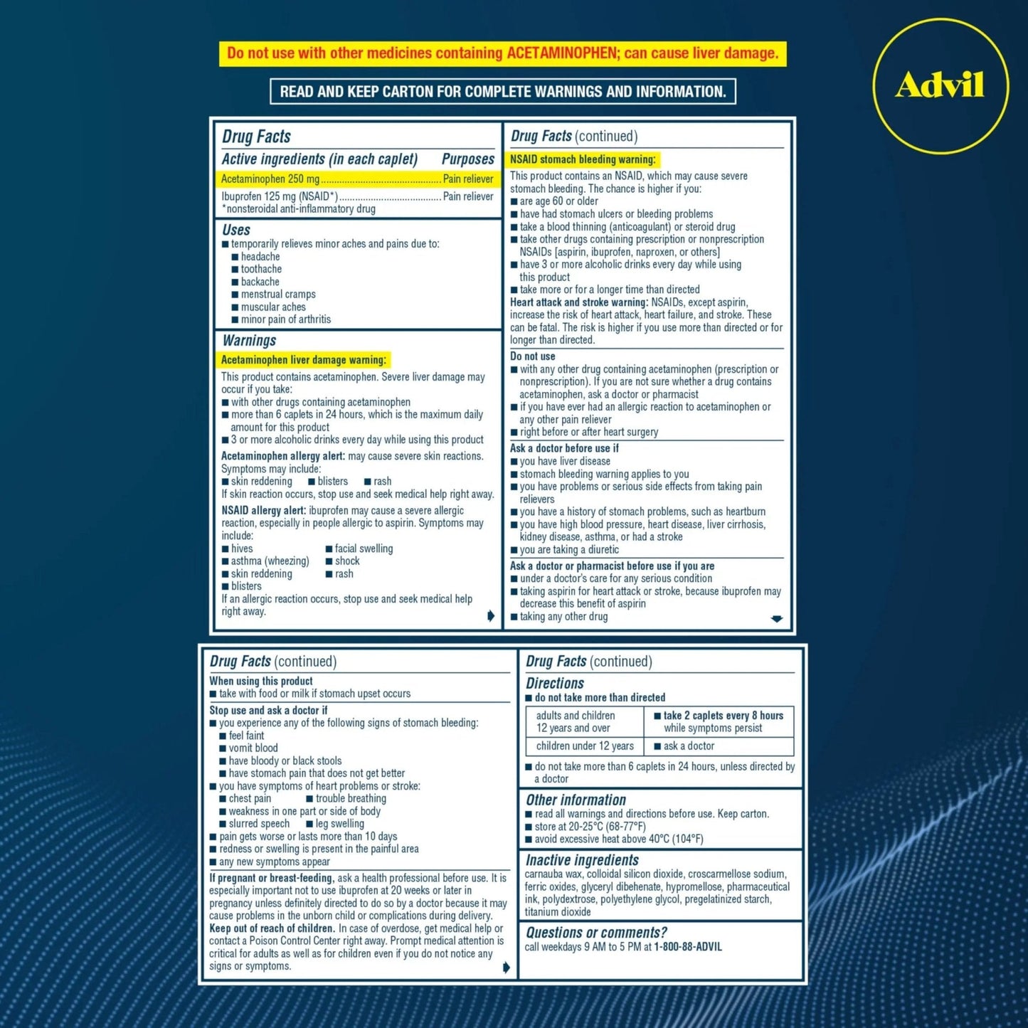 Advil Dual Action Coated Caplets with Acetaminophen, 250 Mg Ibuprofen and 500 Mg Acetaminophen Per Dose (2 Dose Equivalent) for 8 Hour Pain Relief - 72 Count - Maple Wellness Supplements