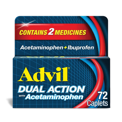 Advil Dual Action Coated Caplets with Acetaminophen, 250 Mg Ibuprofen and 500 Mg Acetaminophen Per Dose (2 Dose Equivalent) for 8 Hour Pain Relief - 72 Count - Maple Wellness Supplements