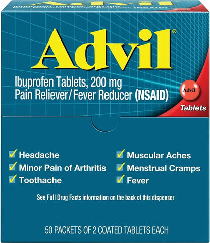 Advil Ibuprofen, 200mg (50 Packets of 2 Coated Tablets) 50 ea (Pack of 3) - Maple Wellness Supplements